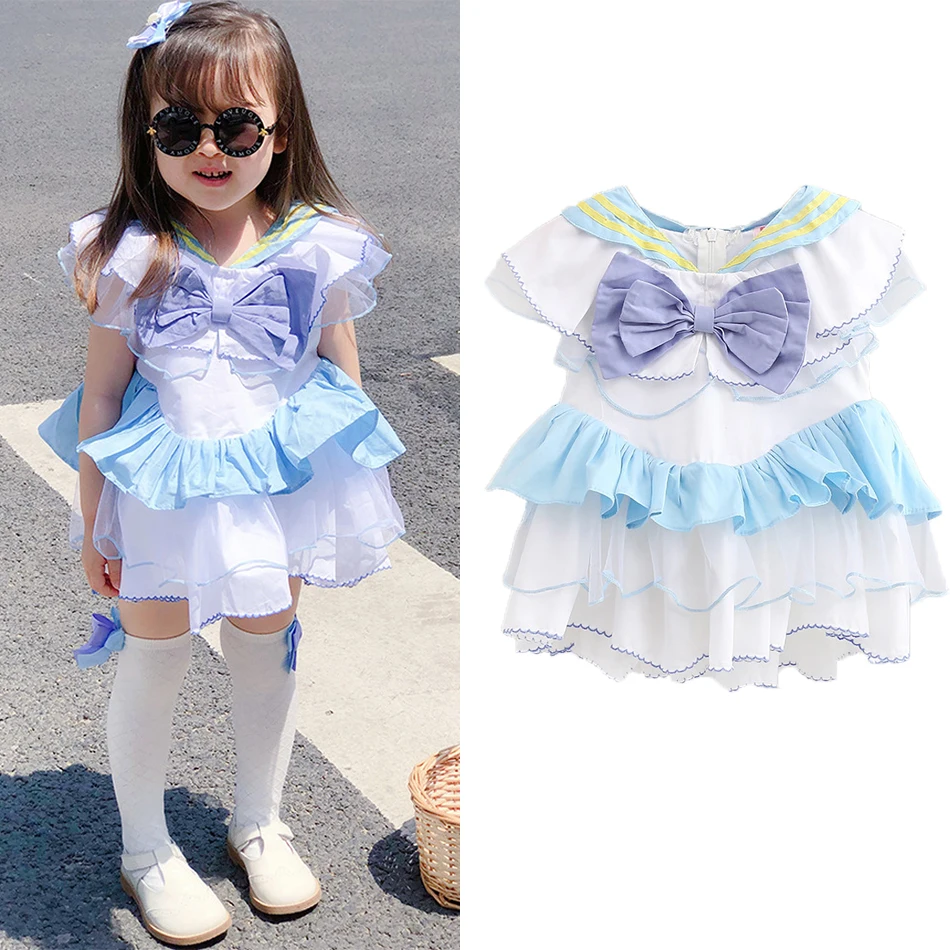 

1-3 Years Baby Girl Dress Toddler Baby Girl Birthday Party Costume Suit Kids Baby Summer Navy Collar Beautiful Girl Suit
