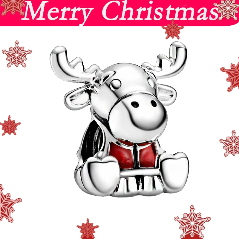 

Fashion 925 Sterling Silver Bead Red Big Horn Cow Charm Fit Original Pandora Bracelet Women Christmas Jewelry DIY Gift