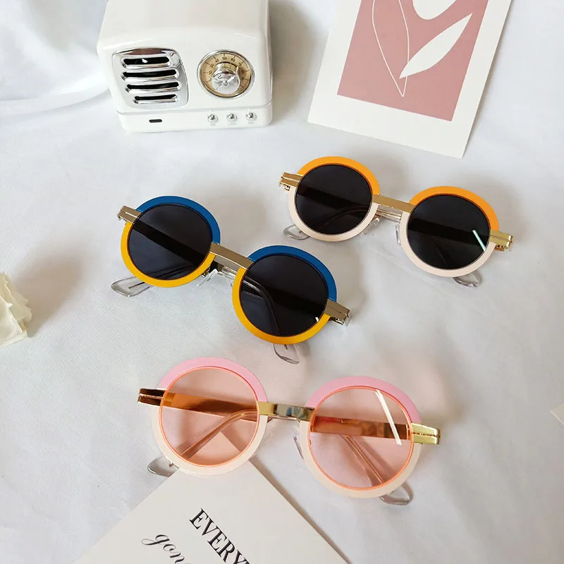 

Sunglasses Round Metal Painted Sun Glasses Rainbow Pink Glasses Shades for Boys Girls Baby and Children