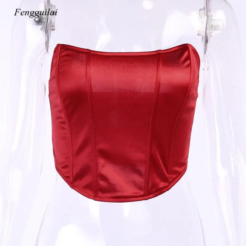 

Satin Curved Breast Wrapped Female Europe Lovely Sexy Style Open Back Exposed Navel One Line Collar Slim Top