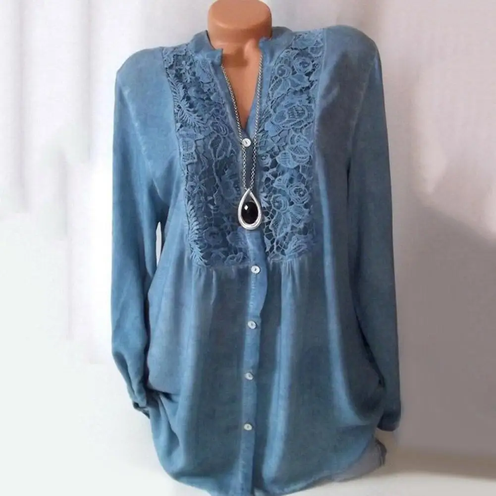 

Casual Women Solid Color Lace Patchwork V Neck Buttons Long Sleeve Blouse Women Tops Shirt Casual Plain Pullove