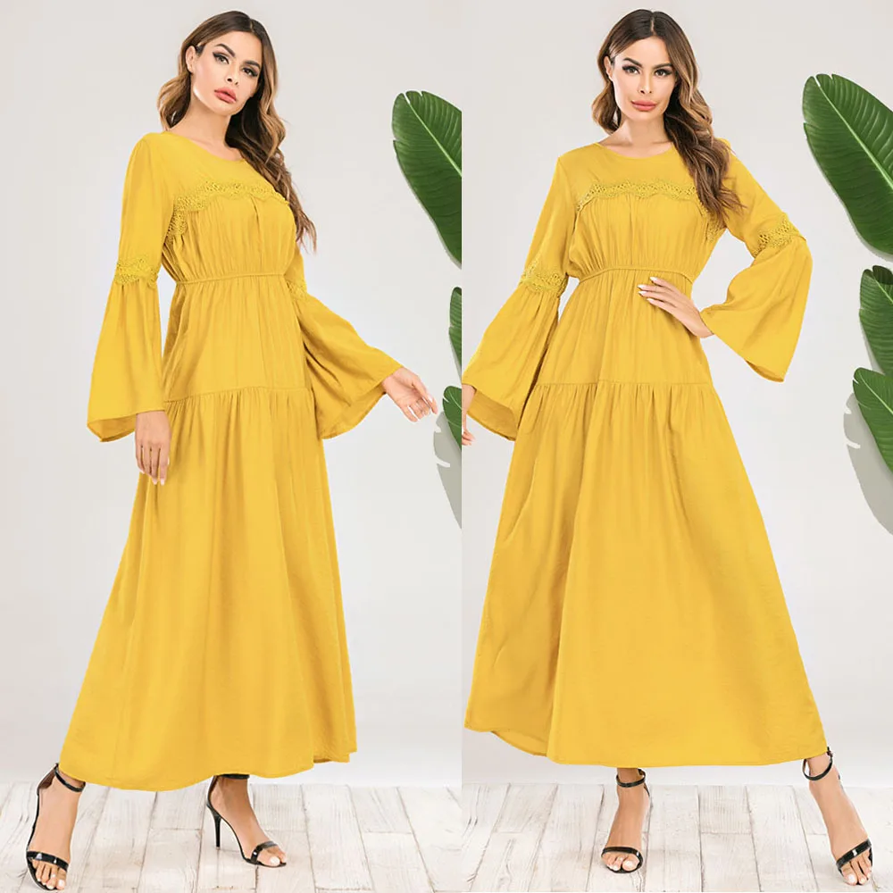 

Yellow Muslim Women Lace Casual Dress Flare Sleeve Abaya Ramadan Islamic Kaftan Jilbab Maxi Robe Party Clothing Gown Fashion