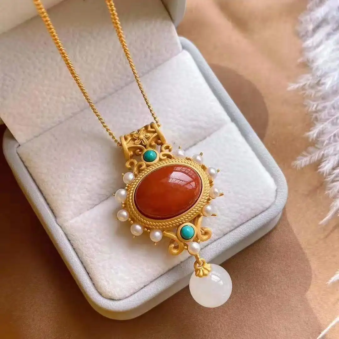 

Natural South Red Pendant Necklace Women's Set Embellished Freshwater Pearl Green Pine S925 Sterling Silver Inlaid Court R