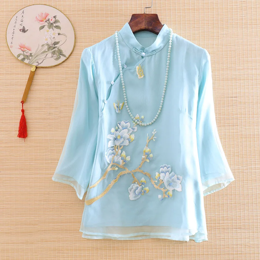 

High-end Spring and Summer Chinese Style Embroidery Silk Organza Blouse Women Fashion Elegant Loose lady Shirt Top S-XXL