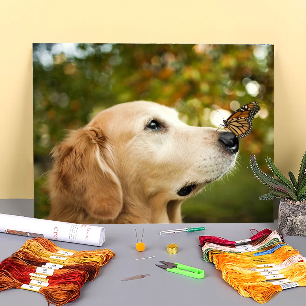 

Animal Dog Printed Fabric 11CT Cross Stitch Kit DIY Embroidery DMC Threads Handicraft Needlework Craft Painting Design