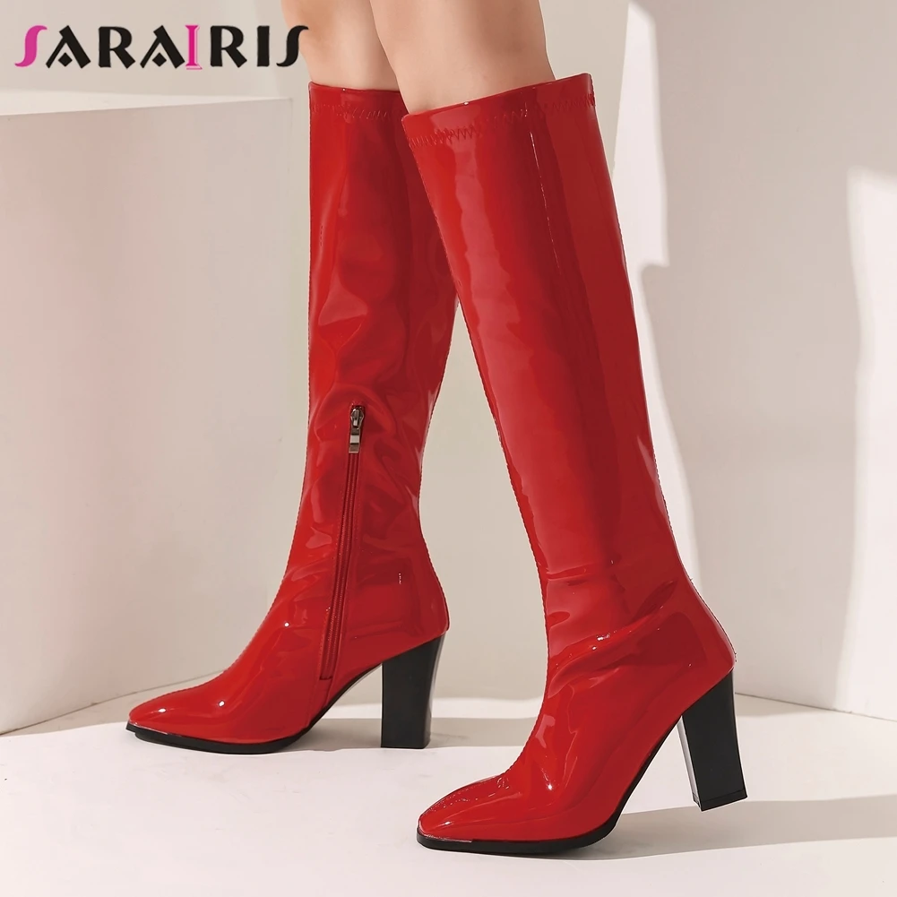 

SARAIRIS/Большой размер 34-43, новые женские модные ботинки 2020 г. Сапоги до колена женская обувь с квадратным носком на высоком толстом каблуке, же...