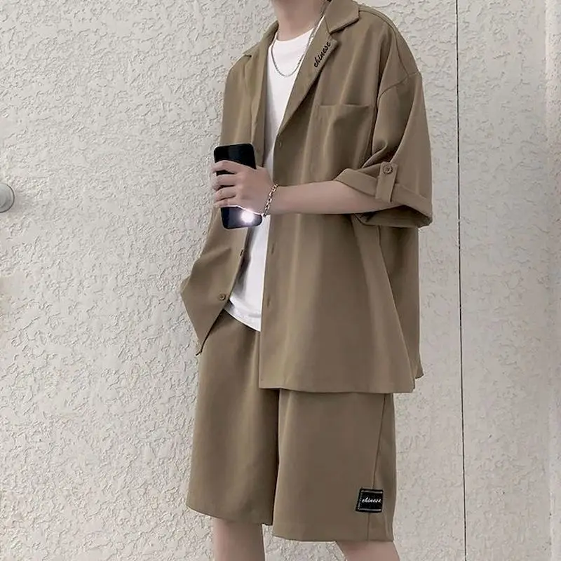 

Korean Style Men's Set Suit Jacket and Shorts Solid Thin Short Sleeve Single Pocket Knee-Length Summer Oversized Clothing Man