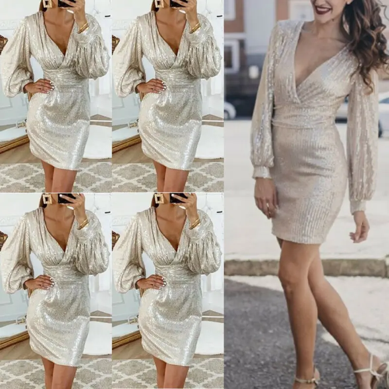 Женское повседневное платье с глубоким вырезом и длинным рукавом офисная одежда