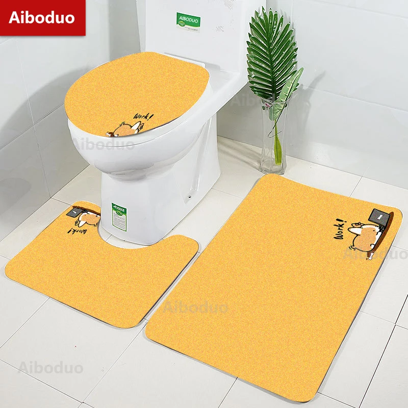 

Aiboduo NonSlip 3pcs/set Toilet Lid Cover Set Absorbent BathMat Cartoon Dog Cute Yellow Corgi HomeDecoration Restroom Rug Carpet