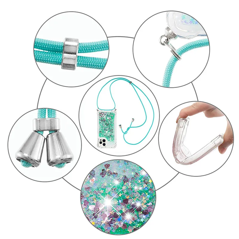 

Liquid Glitter Strap Lanyard Phone Case For iPhone 11 12 Pro XS Max Mini XR X 8 7 Plus SE 2020 Soft TPU Quicksand Back Cover