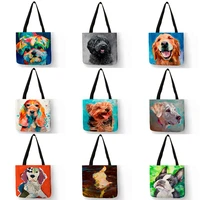 exclusive oil painting dog print shopping bags for groceries papillon pug retriever print women handbag shoulder large capacity