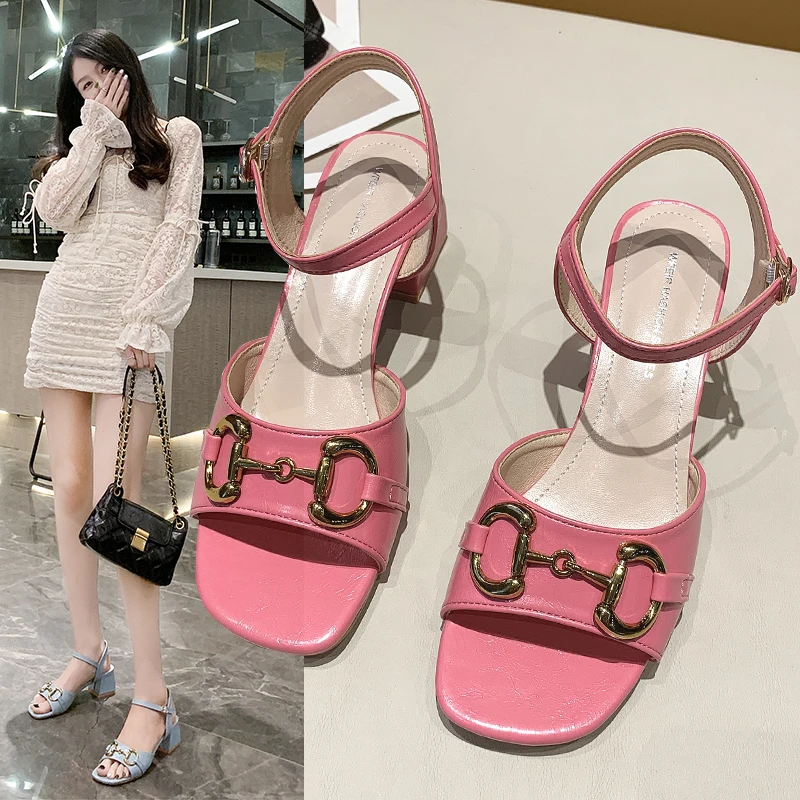 

Women Sandals Square Toe Summer Thick High Heels Shoes Ladies Fashion Party Slip On Woman Footwear 2021 New Female Plus Size