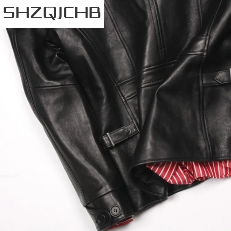 

JCHB 2021 Men High Quality Sheepskin Real Leather Motorcycle Jackets Lapel Black Slim Biker Genuine Leather Coats Long Sleeve Cl