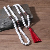 oaiite 8mm 108 mala beads necklace with red tassel natural white howlite stone yoga necklaces for women men meditation gifts