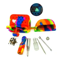 luminous tobacco smoking pipe accessories set mini wax conatiner titanium nails cleaning brush kit protable silicone box