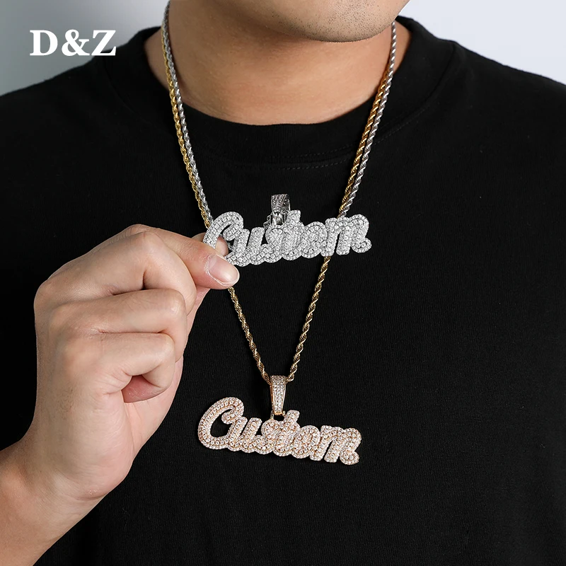 D&Z Custom Cursive Letters Name Pendant &Necklace With Solid Back Iced Out Cubic Zircon Gold Silver Color Charm Hip Hop Jewelry