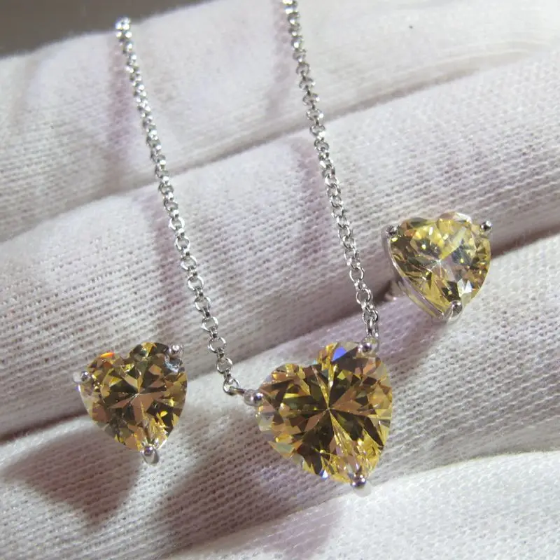 

100% 925 sterling silver with Heart stone Lab Diamond Gemstone Emerald Stud Earrings and Necklace Jewelry Sets For women Gifts