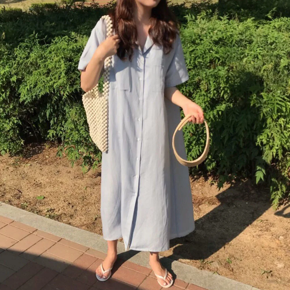 

Thin Shirt Dress Five-quarter Sleeve Button Plain Maxi Length Round Neck Ladies Fashion Dressing A Line 2021 Summer New Mature