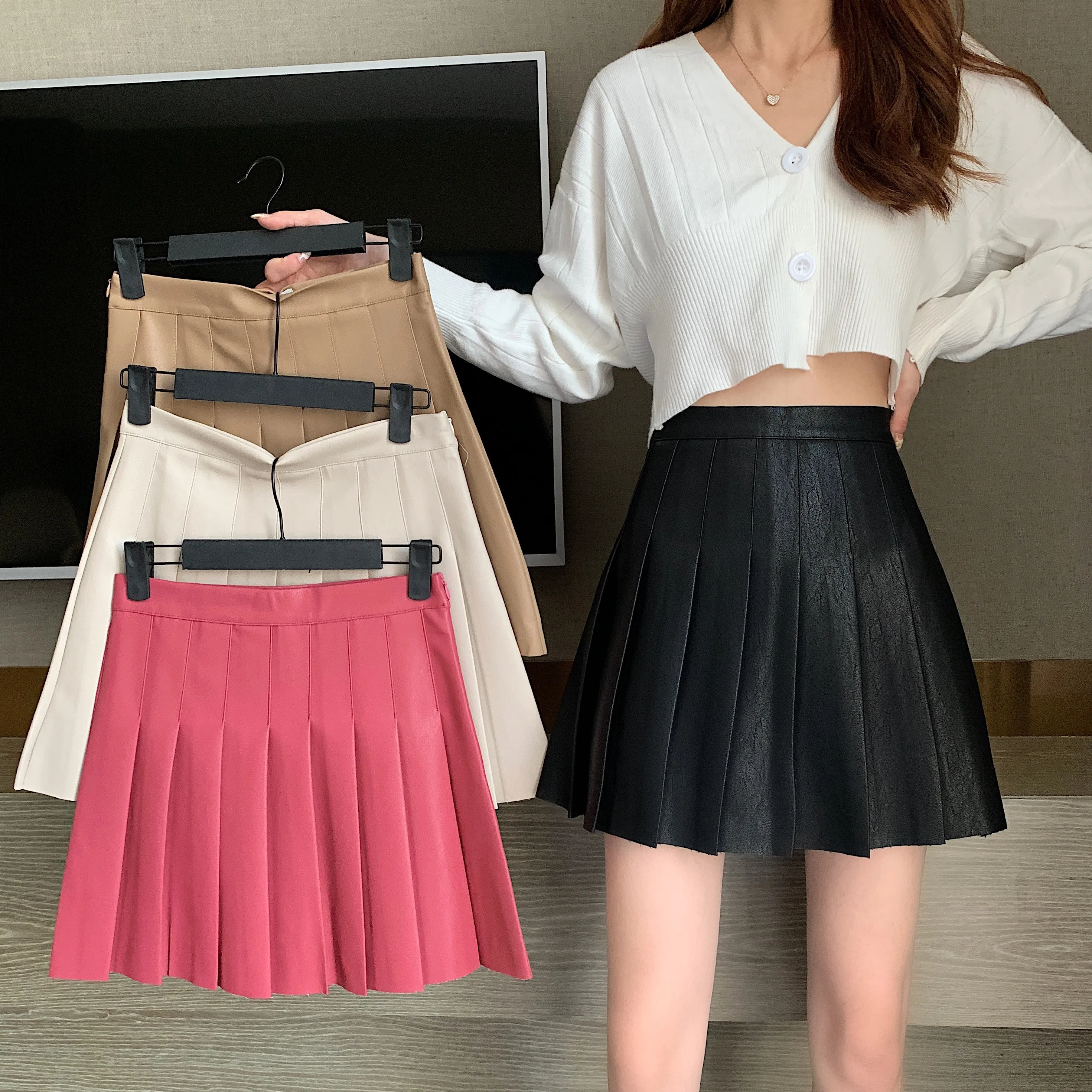 Женская Кожаная мини-юбка черная бежевая цвета хаки плиссированная юбка