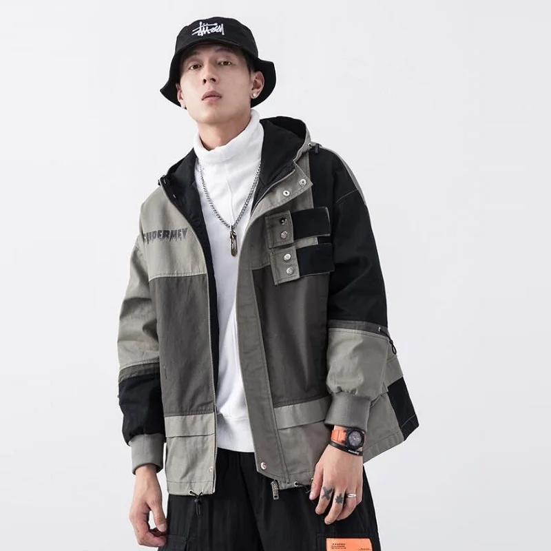 

Hooded Color Block Jacket 2019 Autumn Casual Windbreaker Vintage Mens Coats Cargo Track Hoodie Coats Streetwear Hiphop KK3154
