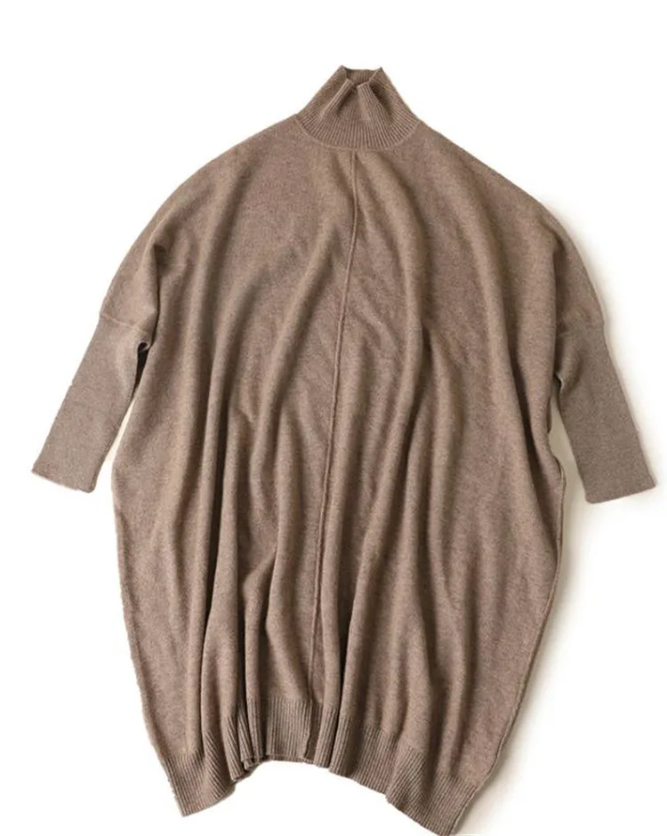 

high grade 100% goat cashmere knit women wide loose pullover sweater turtle neck mid long slim showing one&over size