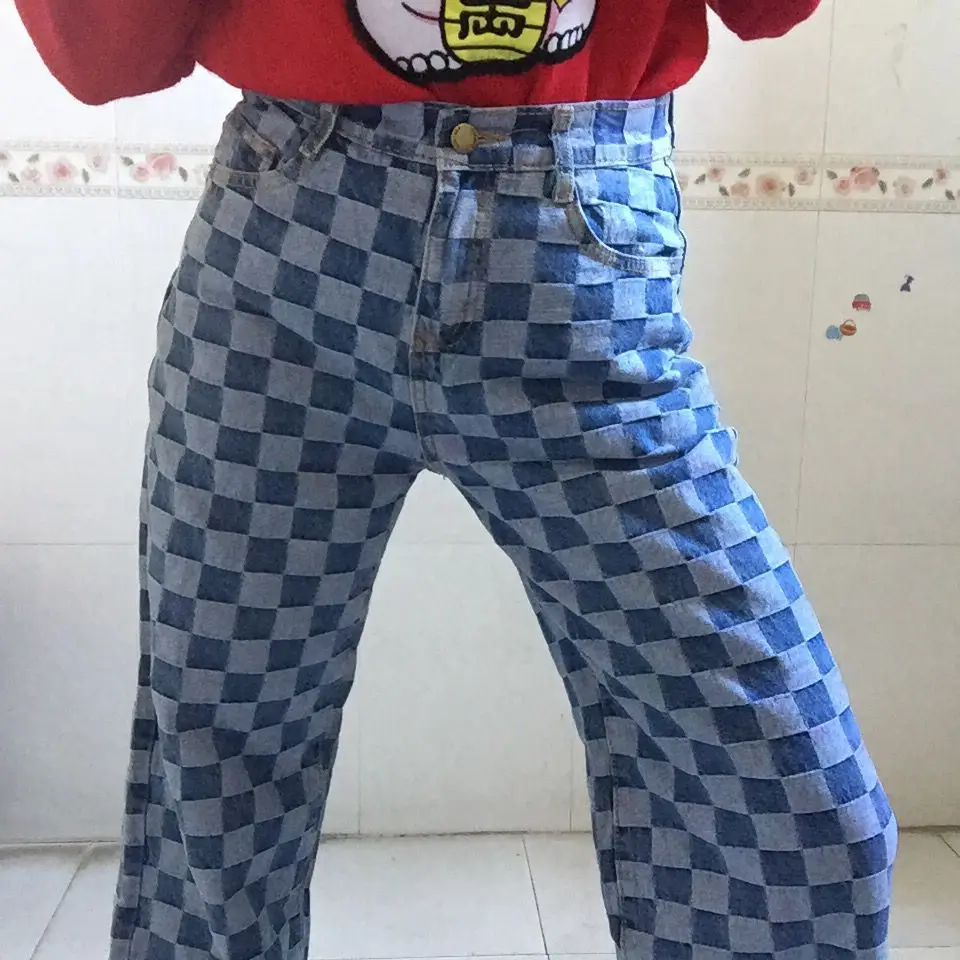 Корейская уличная одежда размера плюс в контрастную клетку джинсовые прямые