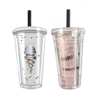 cute milk juice bottle with dome lids double wall plastic drink cups with straw reusable white pink water bottle fruit cup