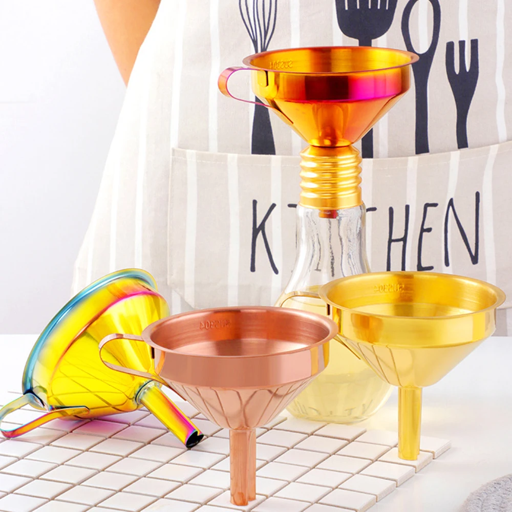

Functional Stainless Steel Gold Funnel Kitchen Oil Liquid Metal Funnel With Detachable Filter/Strainer for Canning Kitchen Tools