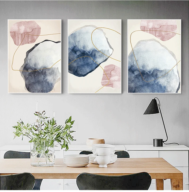

Abstract Blue watercolor Canvas Print Paintings Golden lines Nordic Wall Art Pictures on Canvas Living Room Home Decor