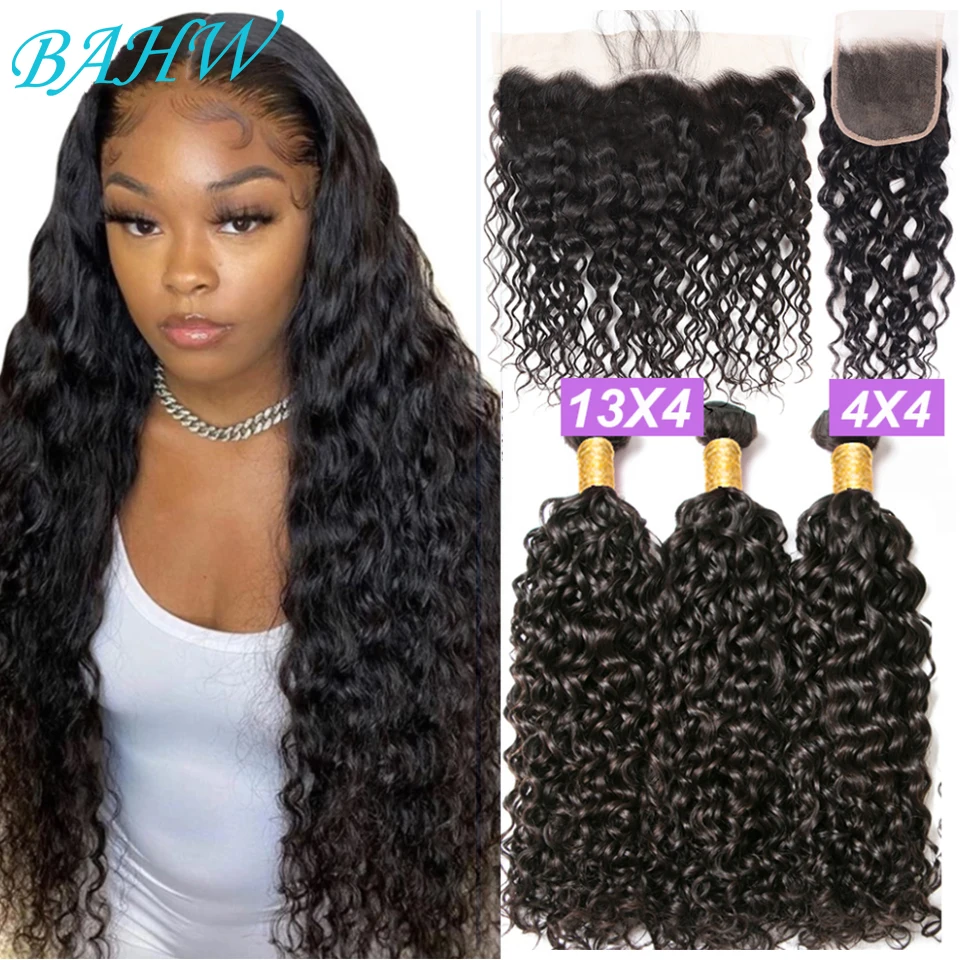 BAHW Peruvian Water Wave Bundles With Closure 8-30Inch Natural Wave Hair Extension Remy Human Hair Bundels With Frontal sale