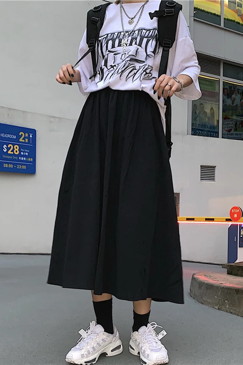 

harajuku skirts womens 2020 spring korean fashion streetwear cotton high waist black casual white A-Line pleated skirt