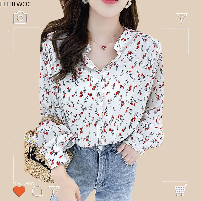 

Женская винтажная рубашка в стиле ретро, белая элегантная Базовая рубашка для офиса с длинным рукавом и цветочным принтом, с воротником-сто...