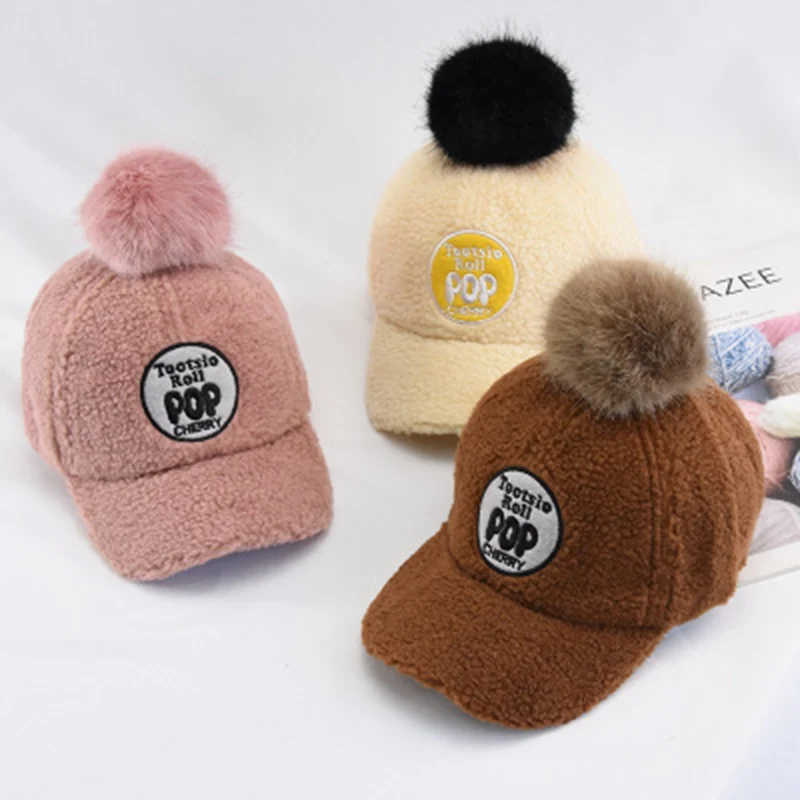 Зимние шапки с меховым помпоном для детей Снэпбэк Кепка бейсболка овечьим