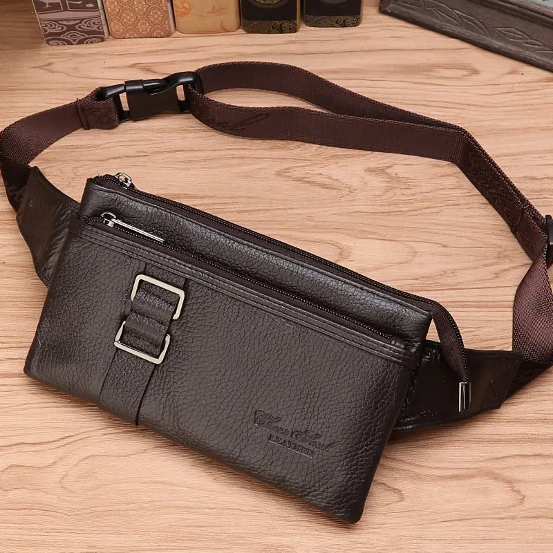 

Genuine Leather Waist Bag Men For Cell/Mobile Phone Pouch Thin Pouch High Quality Natural Skin Male Chest Funny Pack Belt Bag