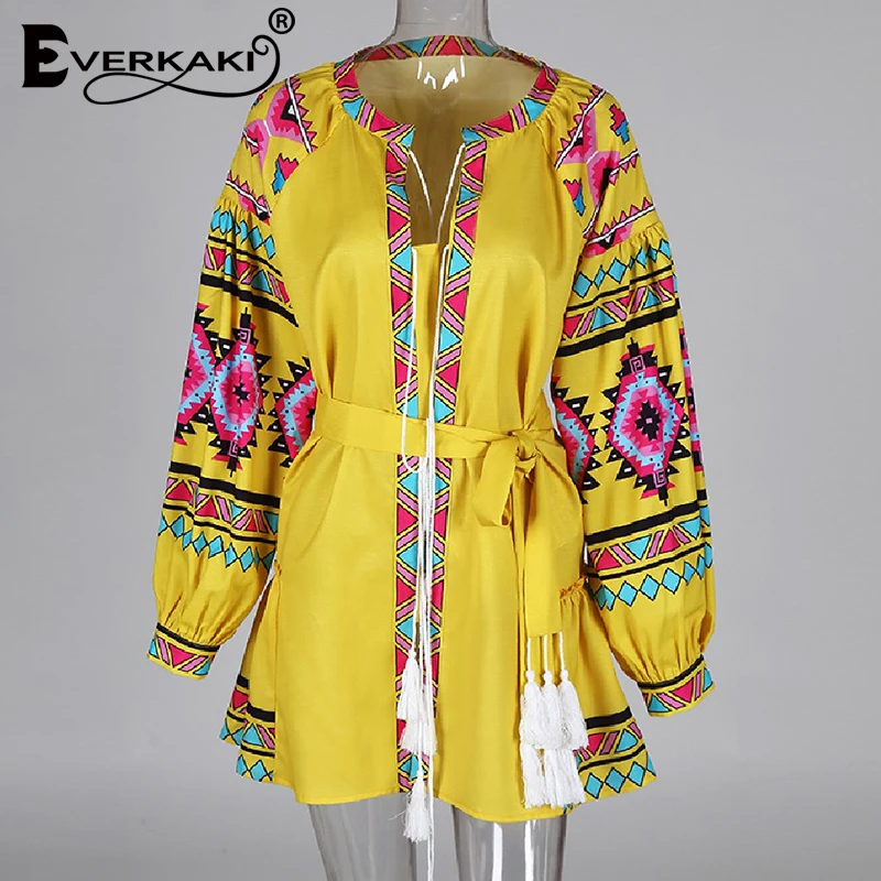 Everkaki Ethnic Print Tassel Mini Dress Women Summer Vestidos Sashes Boho Ladies Short Dresses Loose Female 2021 New Fashion | Женская