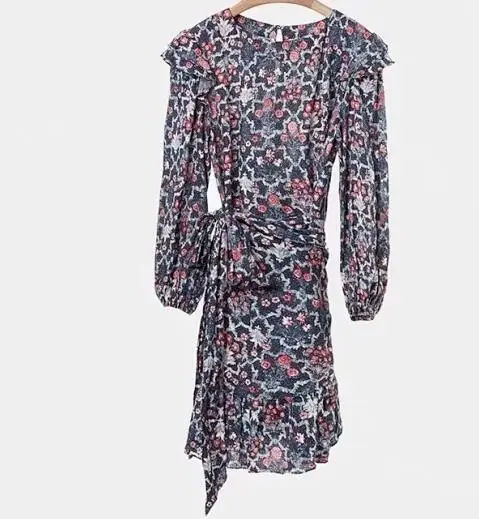 Льняное мини платье TELICIA с длинными рукавами и принтом оборками на плечах круглым