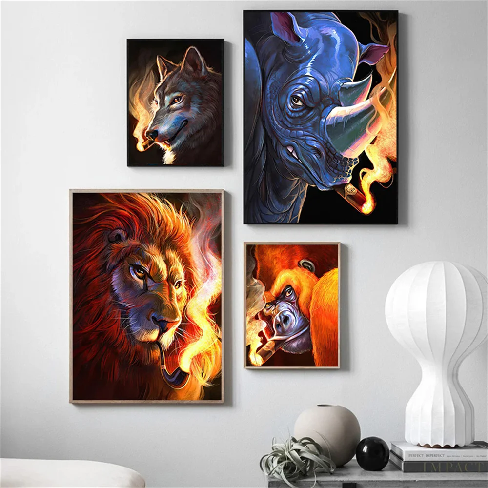 

Watercolor Poster And Prints Smoking Animals Modern Lion Wolf Rhino Monkey in Smoke Art Canvas Painting On The Wall Home Decor