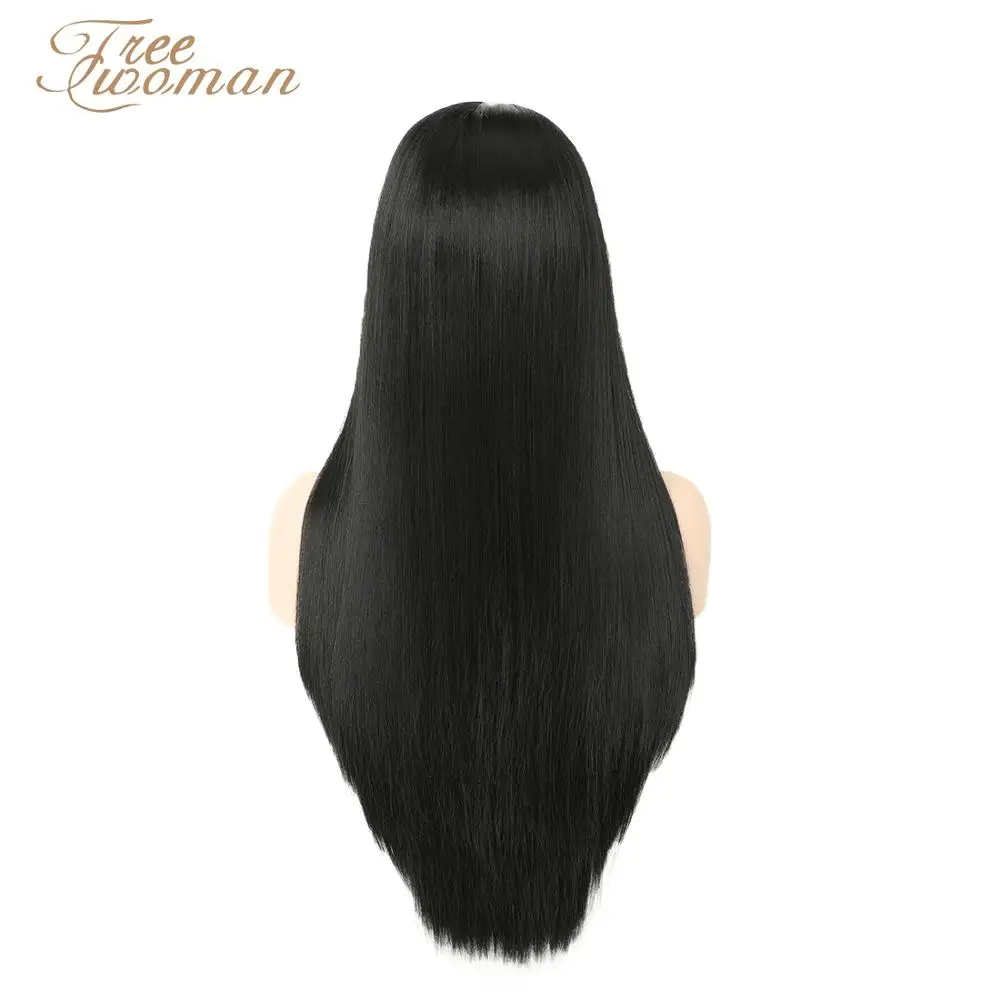FREEWOMAN черный длинный прямой синтетический кружевной передний парик для женщин