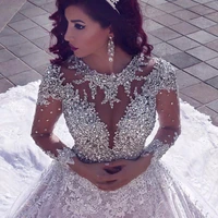 pearls crystal long wedding clothes luxury long sleeves tulle applique wedding bride dress vestido de noiva novia bride dress