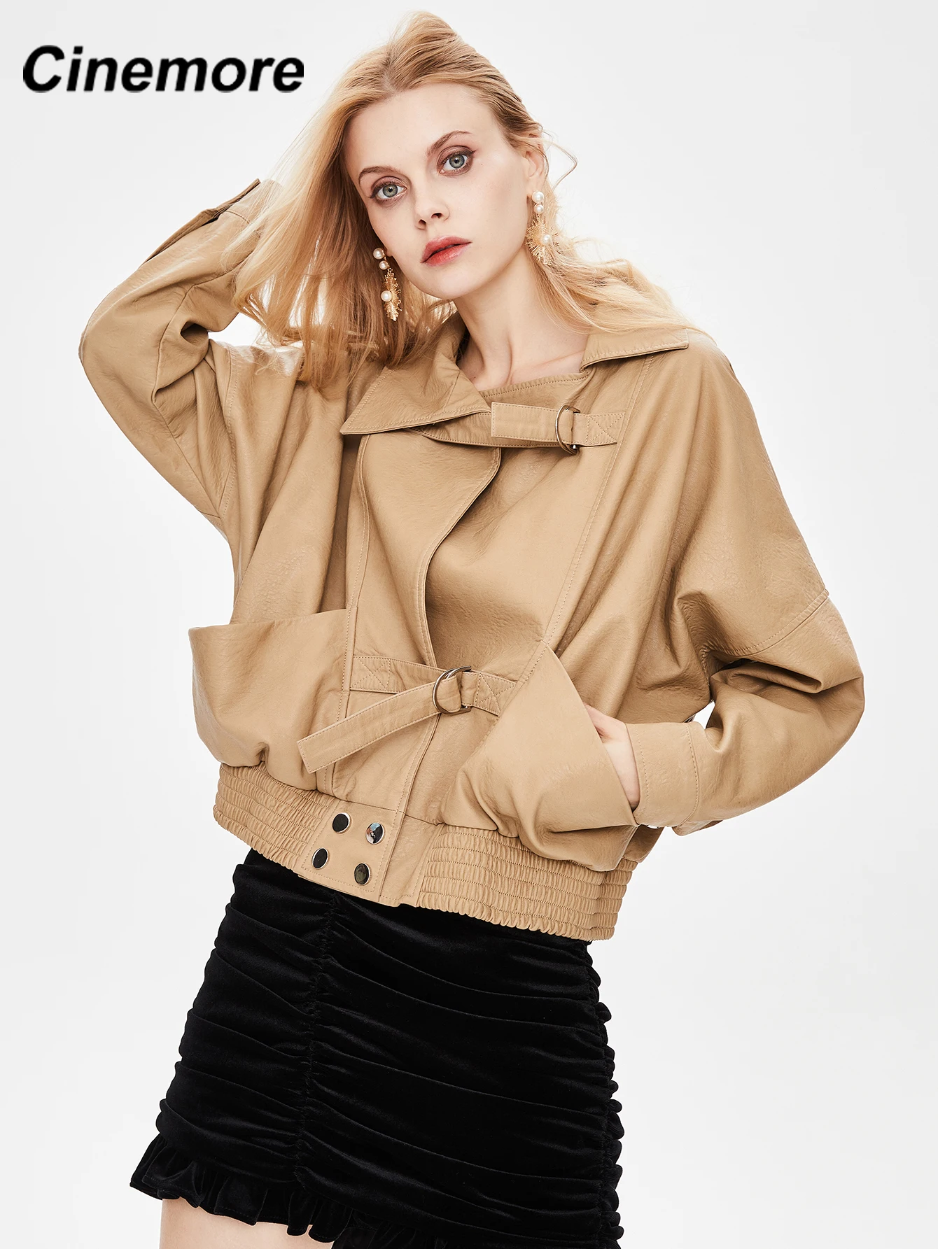 CINEMORE New Women's jacket Loose short Turndown Collar pocket Basic coats woman Autumn Winter 2021 Solid Soft Jackets P8229-1