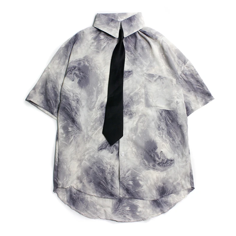 

2021 Summer Korean Version of the Trend of Men's and Women's Shirts Short-sleeved Ins Retro Ink Painting Shirt Loose with Tie