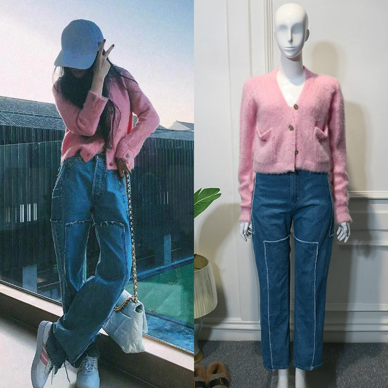 Женский мохеровый костюм kpop розовый кардиган с V-образным вырезом свитер