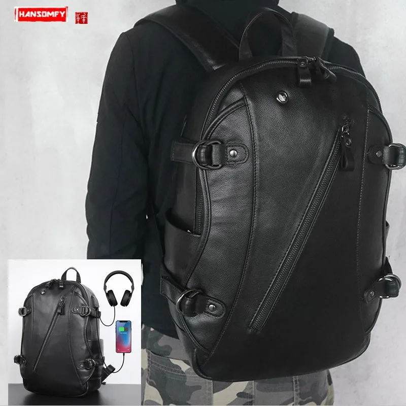 Мужской рюкзак из натуральной кожи черный вместительный дорожный для ноутбука