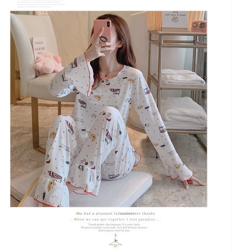 Wontive Autumn Women Long Sleepwear Suit Home Women Gift Female Sleepwear Cartoon female big plus size womens pajamas Sets