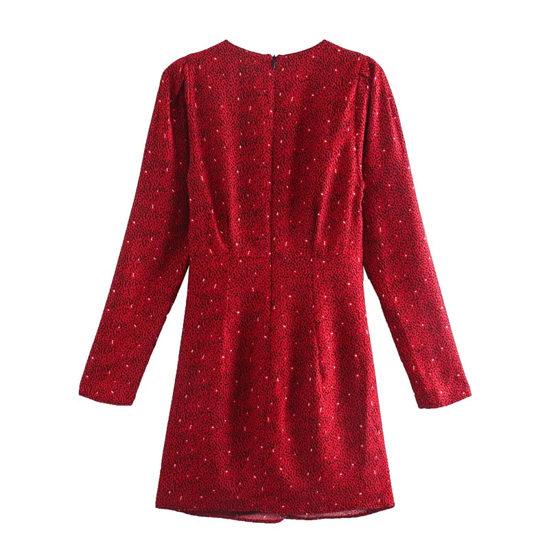 

New Women Sexy Deep V Neck Leopard Print Pleated Red Mini Dress Female Puff Sleeve Back Zipper Casual Slim Vestido