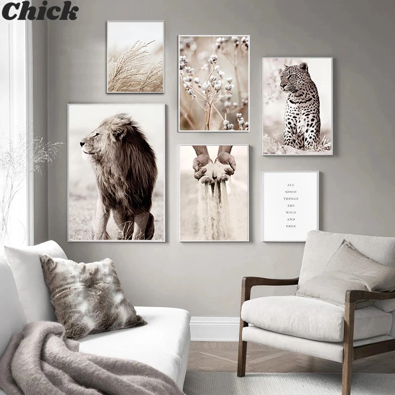 

Scandinavian Poster Print Reed Nature Landscape Canvas Painting Leopard Lion Animal Wall Art Picture Nordic Style Home Decor