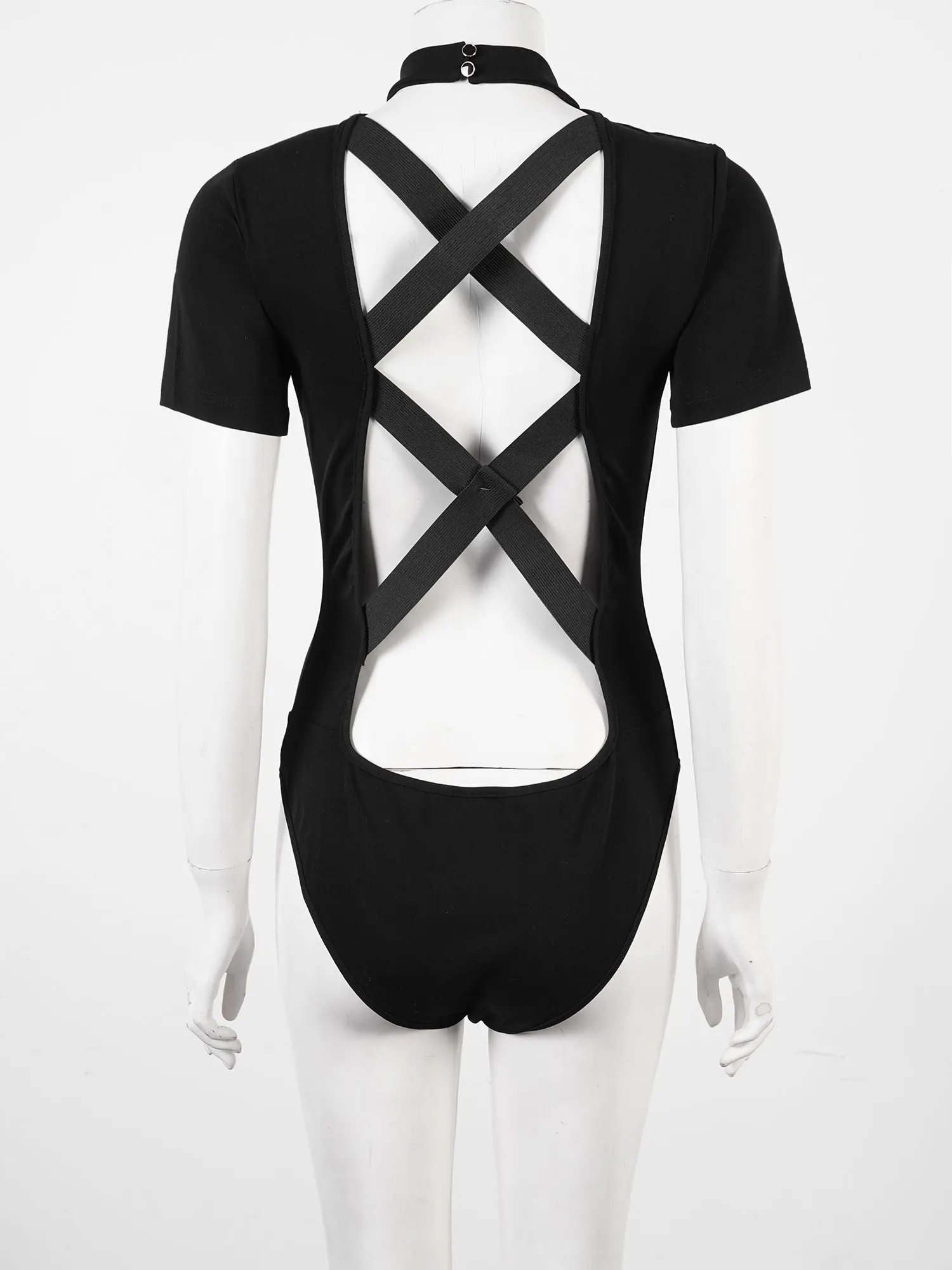 New Women Ballet Dance Leotard Sexy Jumpsuit Halter Neck Short Sleeve Patchwork Open Back Slim Fit Gym Sports Bodysuit Bodycon