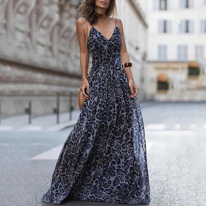 

Vintage Leopard Print Long Women Dress Sexy V-Neck Spaghetti Strap Floor-Length Maxi Female Party Dresses Plus Size W844