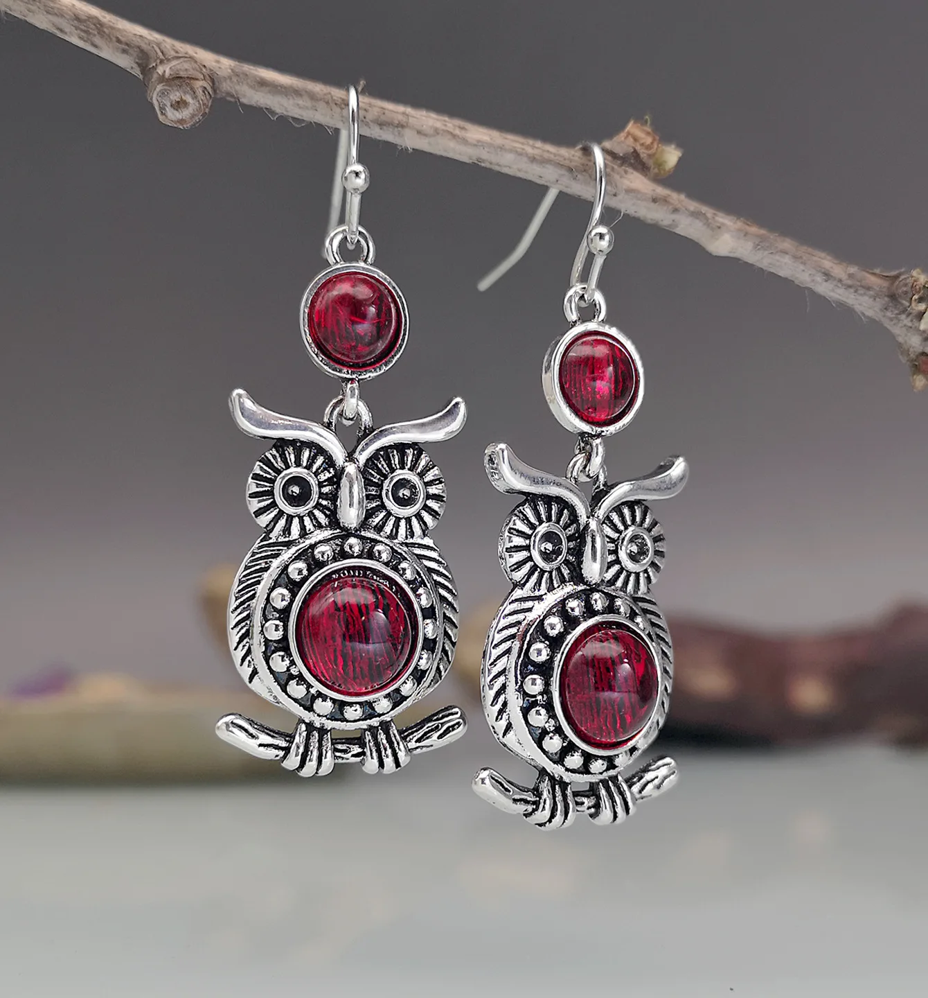 

New Lace Ruby and Owl Earrings European and American Popular Creative Long Silver Plated Retro Woman's Jewelry Gift