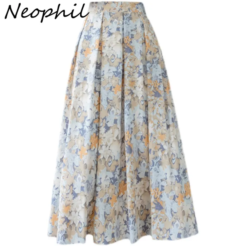 

Neophil 2022 Spring Chiffon Floral Printed Midi Pleated Women Skirts Prairie Chic Folds Falda Plisada Elastic Waist Skirt S21504